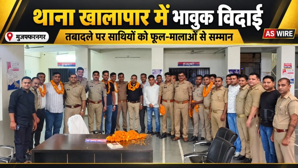 थाना खालापार में स्थानांतरित पुलिसकर्मियों के विदाई समारोह का बैनर