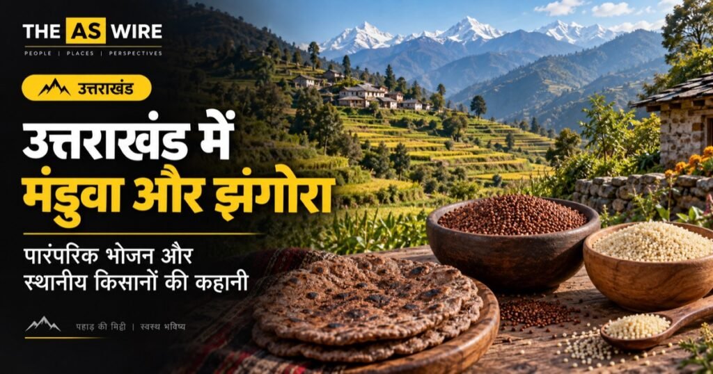 उत्तराखंड में मंडुवा और झंगोरा: पारंपरिक भोजन और स्थानीय किसानों की कहानी — उत्तराखंड का प्रतीकात्मक दृश्य